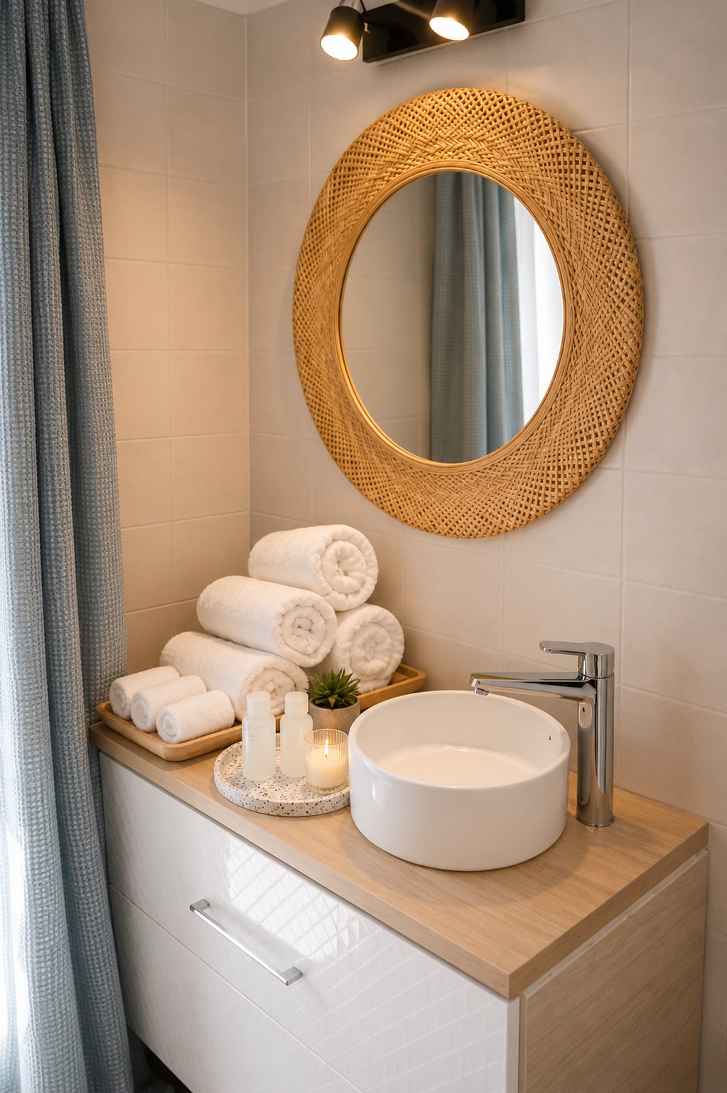 Salle d'eau esprit spa : vasque ronde, miroir en rotin, serviettes moelleuses